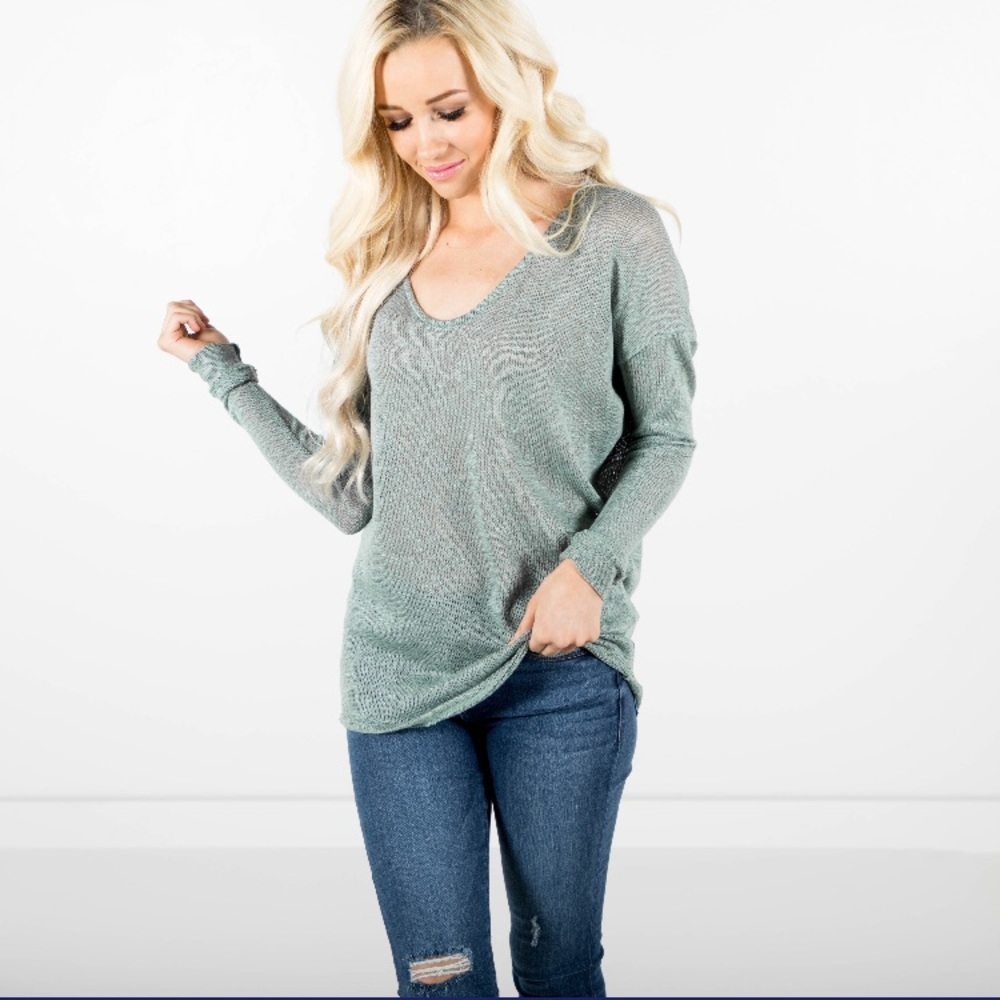 Soft green long sleeve v-neck lightweight sweater